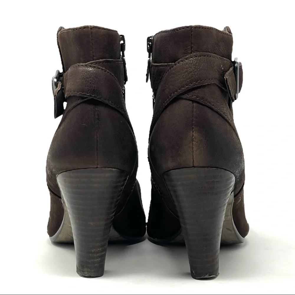 Ash Nubuck Leather Brown Buckle Boho Ankle Booties Women’s 7.5 Heeled Boots